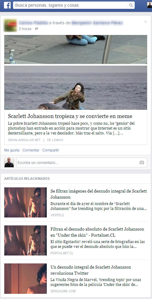 facebook sugiere artículos relacionados en los que aparece una foto de Scarlett Johansson desnuda